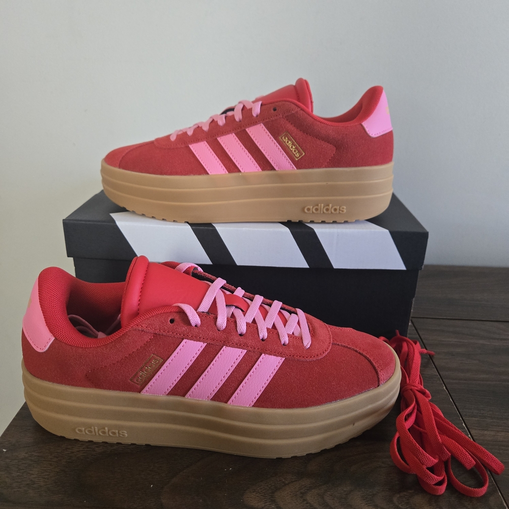 Adidas VL Court Bold Sneakers Kids Size 7 Red Pink Platform Shoes JQ1711 - Picture 2 of 12